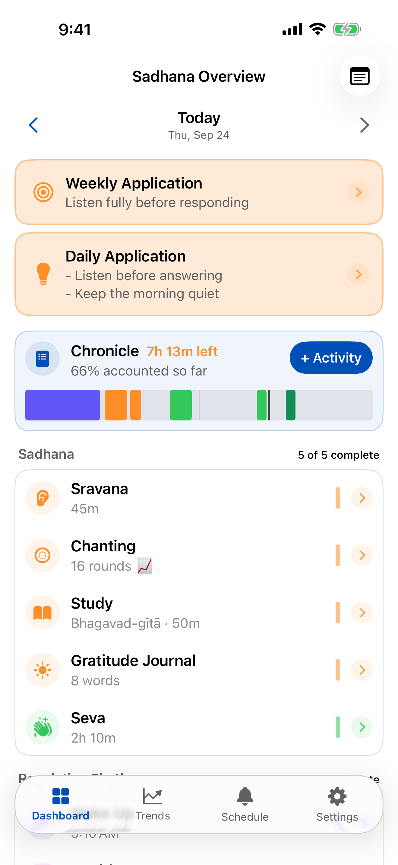 The Sadhana Sevak dashboard showing today's chanting, hearing, study and seva.