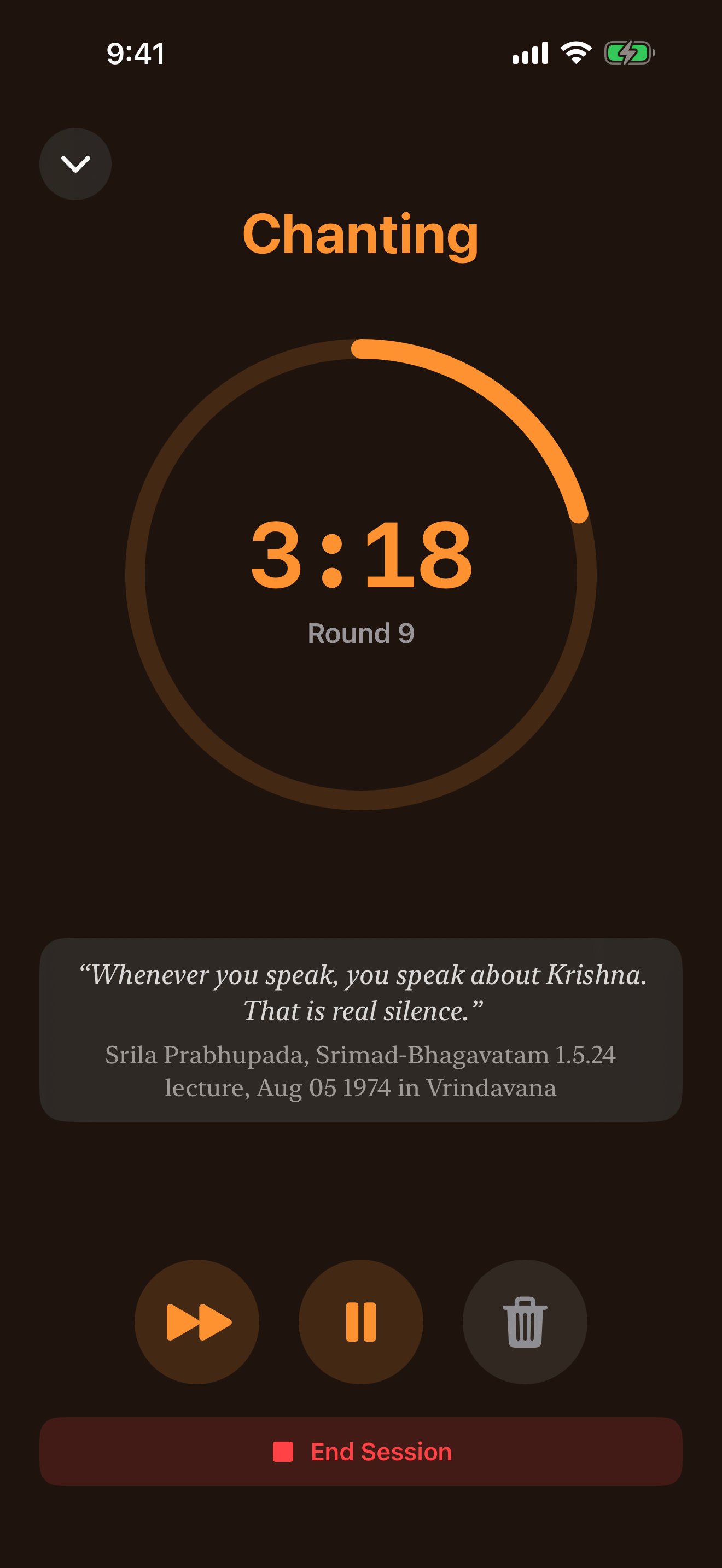 The Now Practicing screen during a chanting session, on round nine.