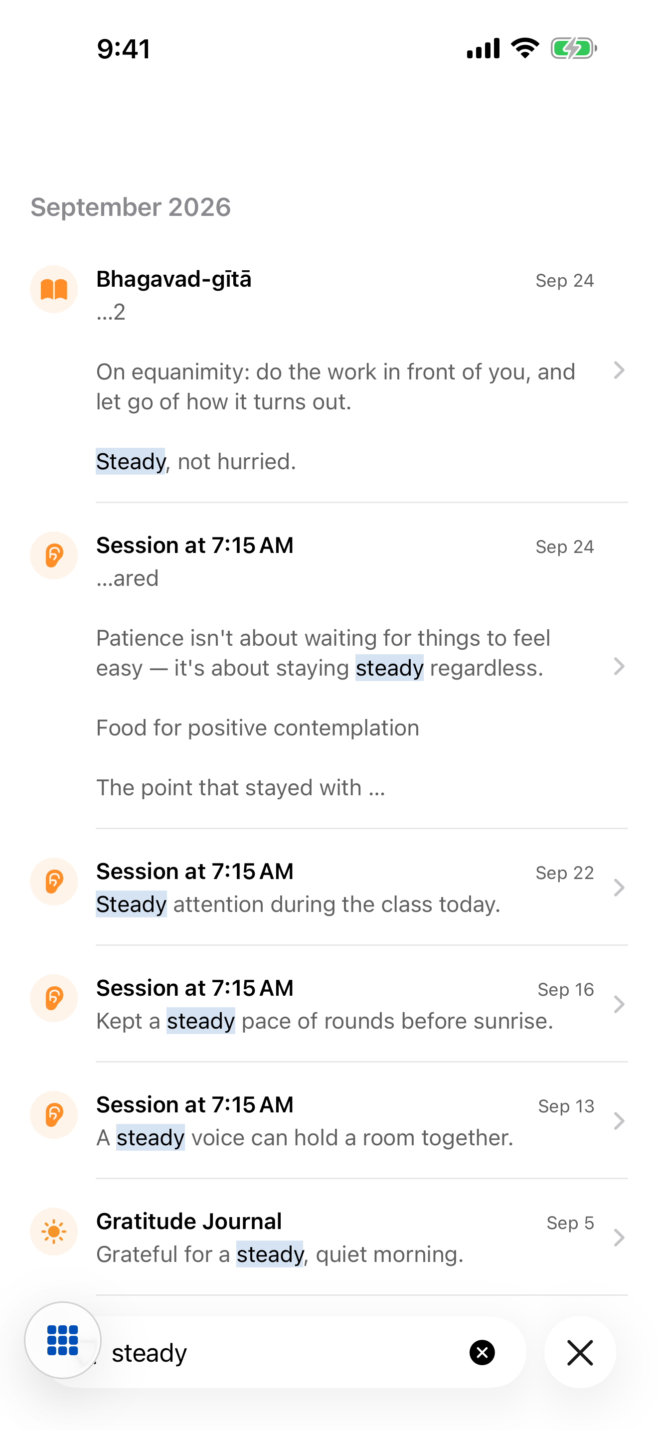 Notes search with matching passages highlighted.