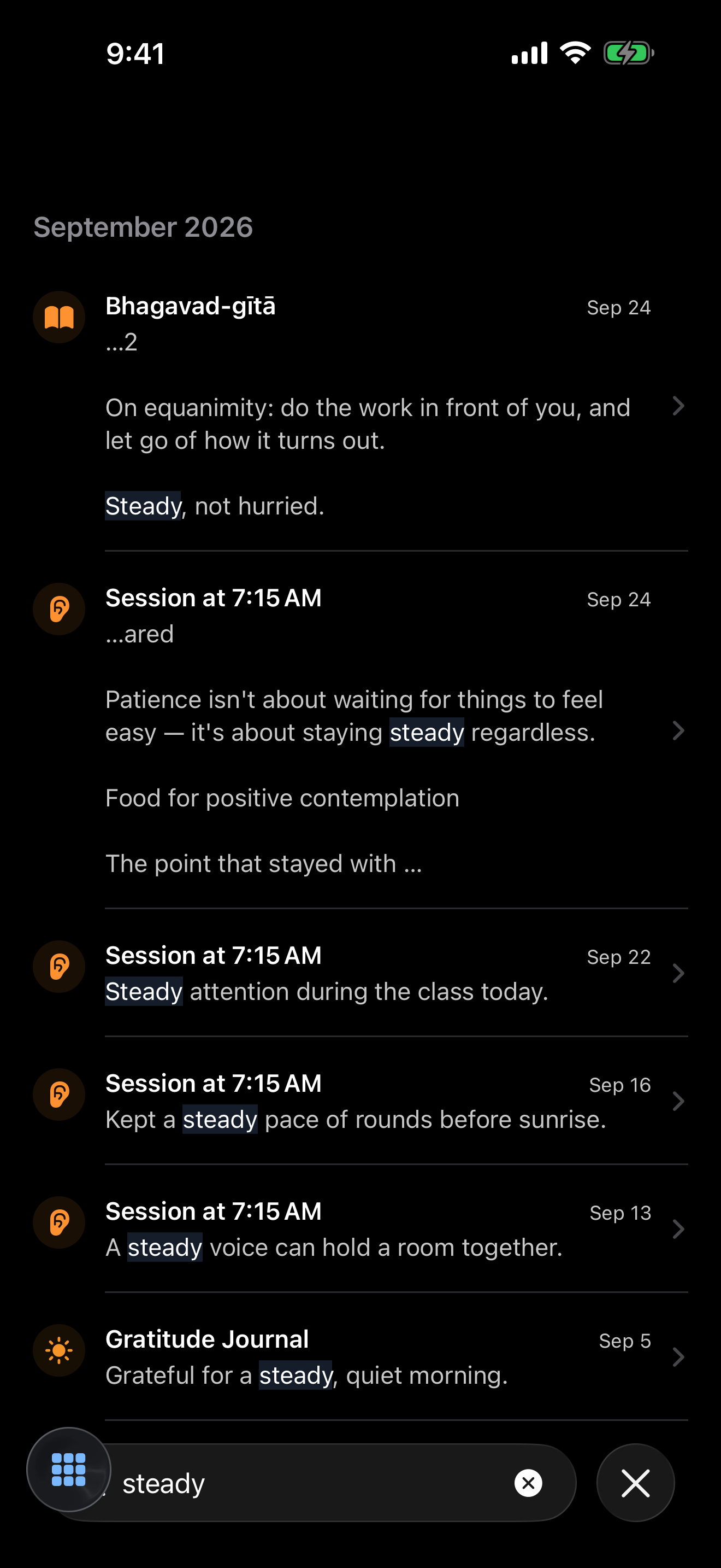 Notes search with matching passages highlighted.