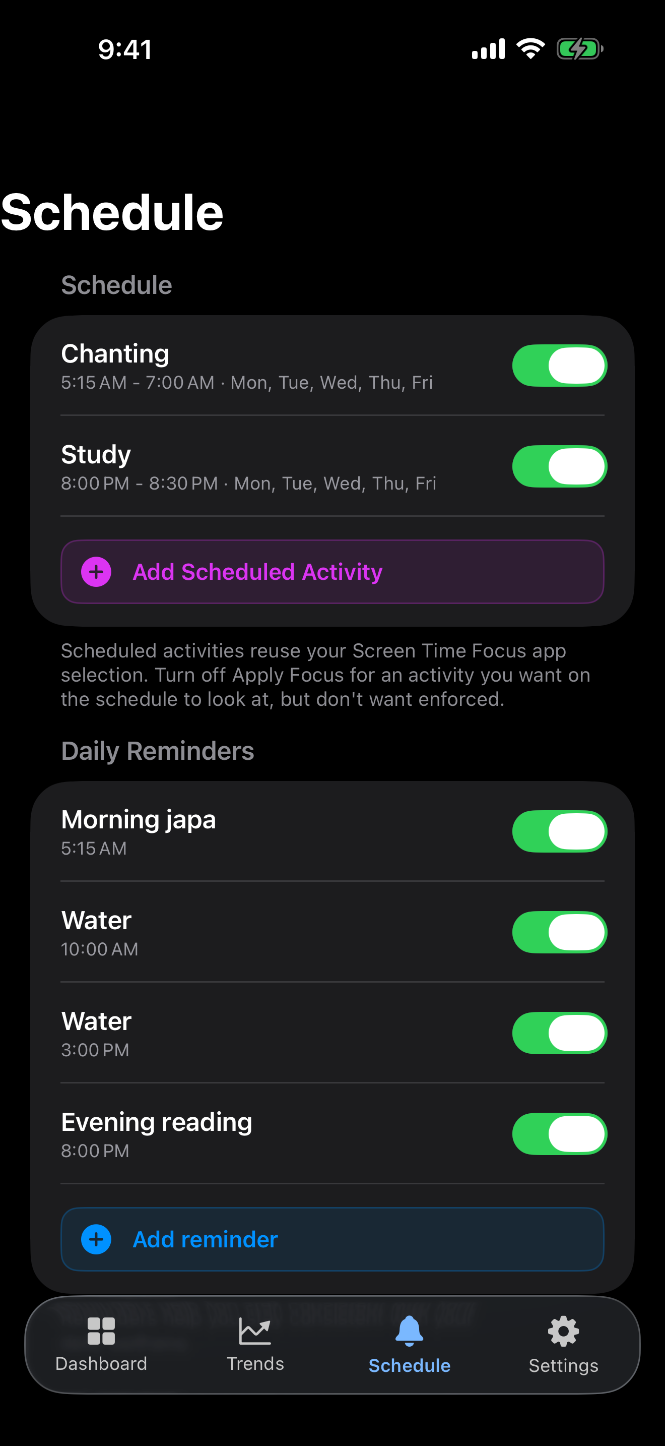The schedule of daily reminders.