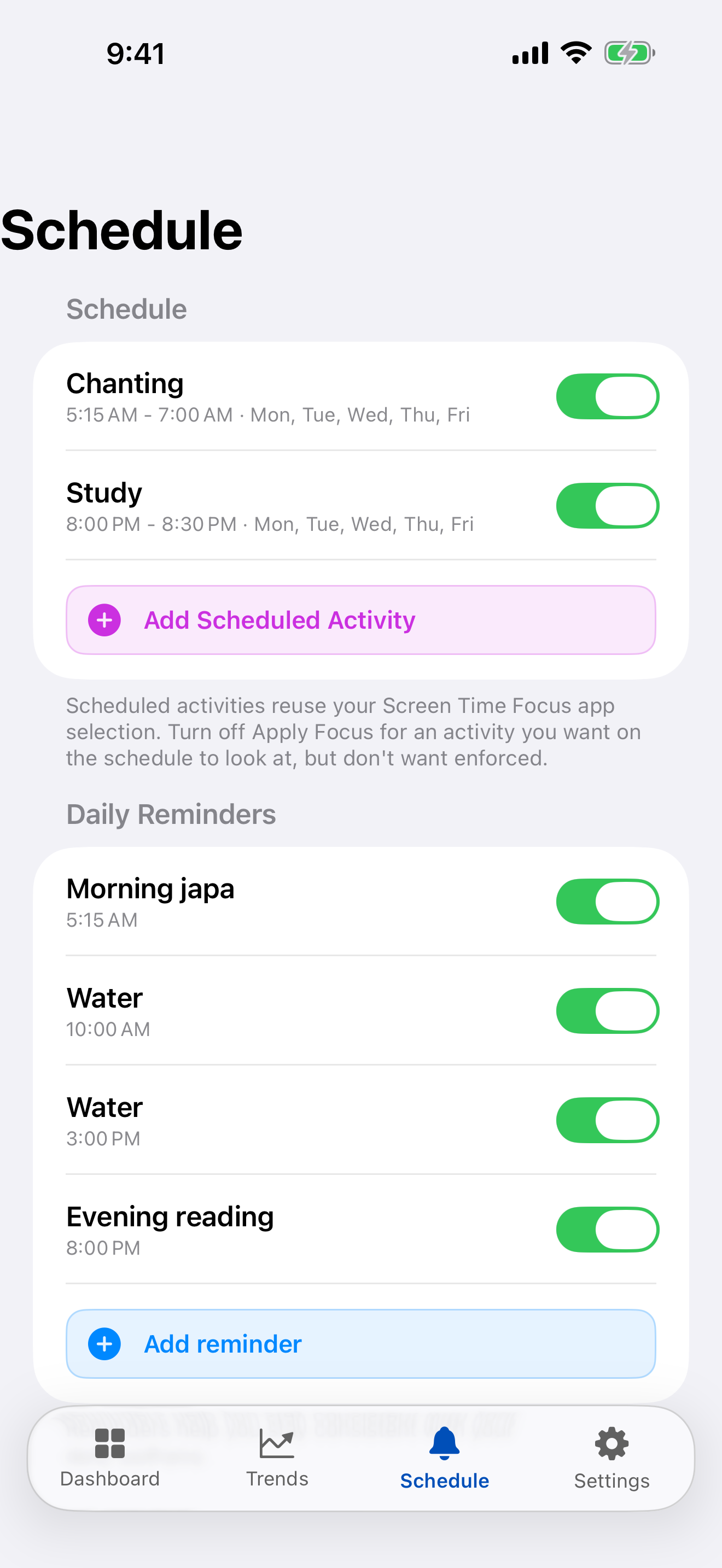 The schedule of daily reminders.