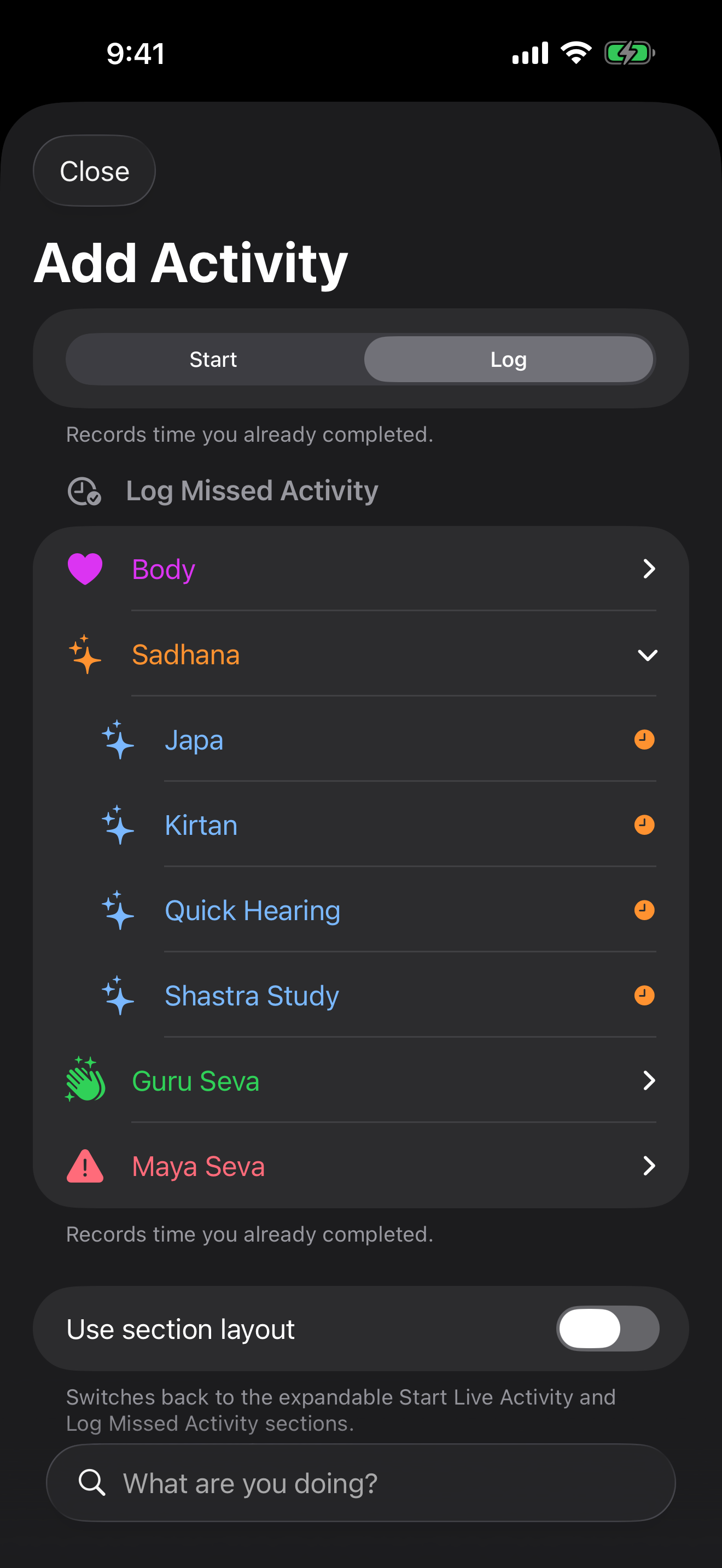 The + Activity form, on Log