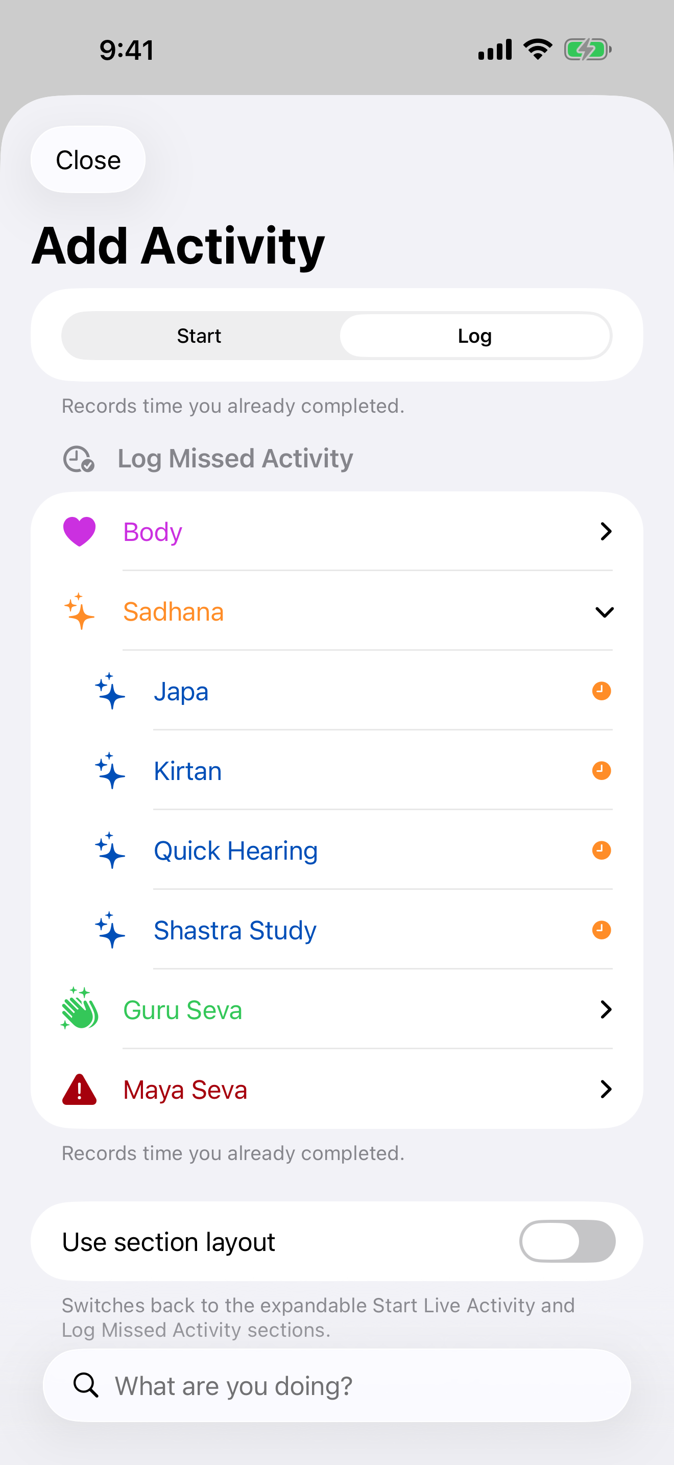 The + Activity form, on Log