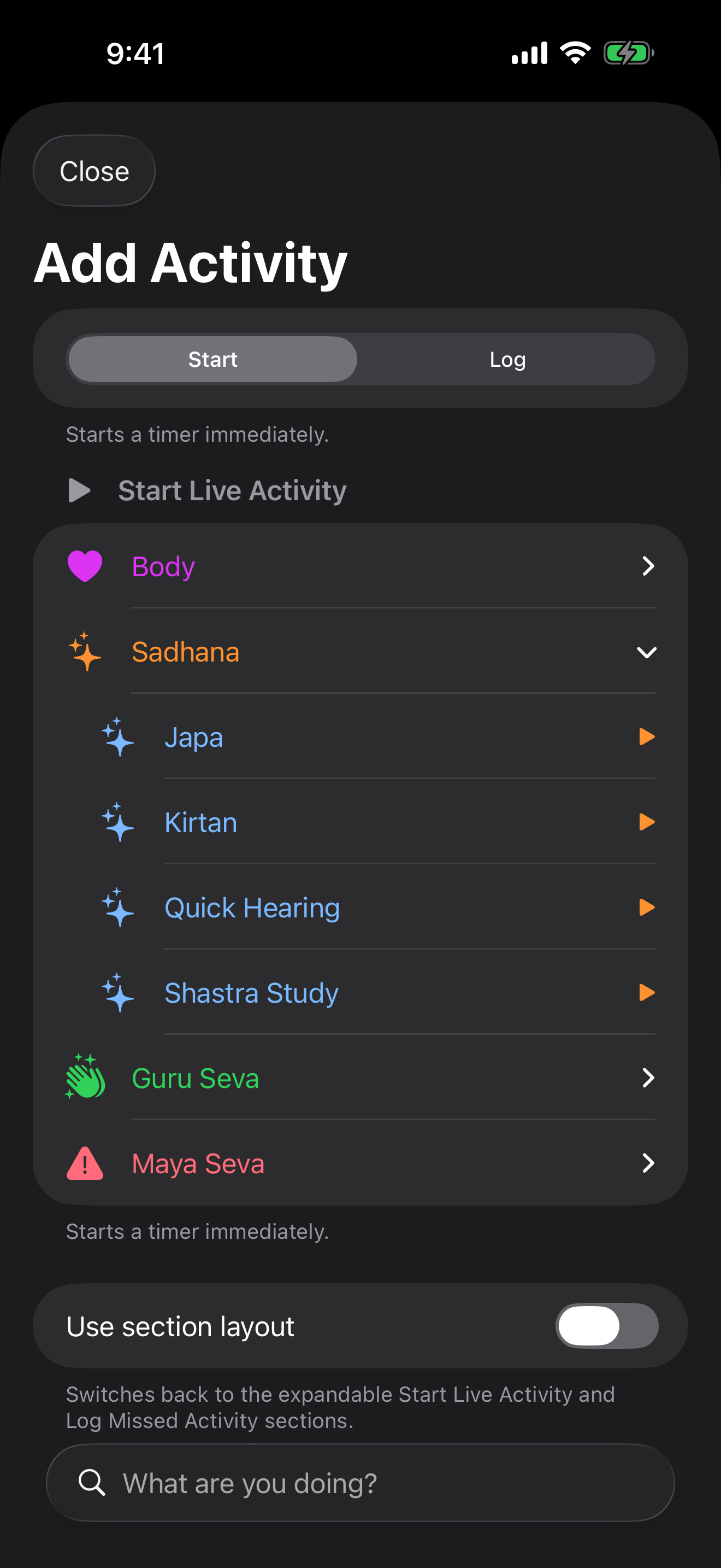 The + Activity form, on Start