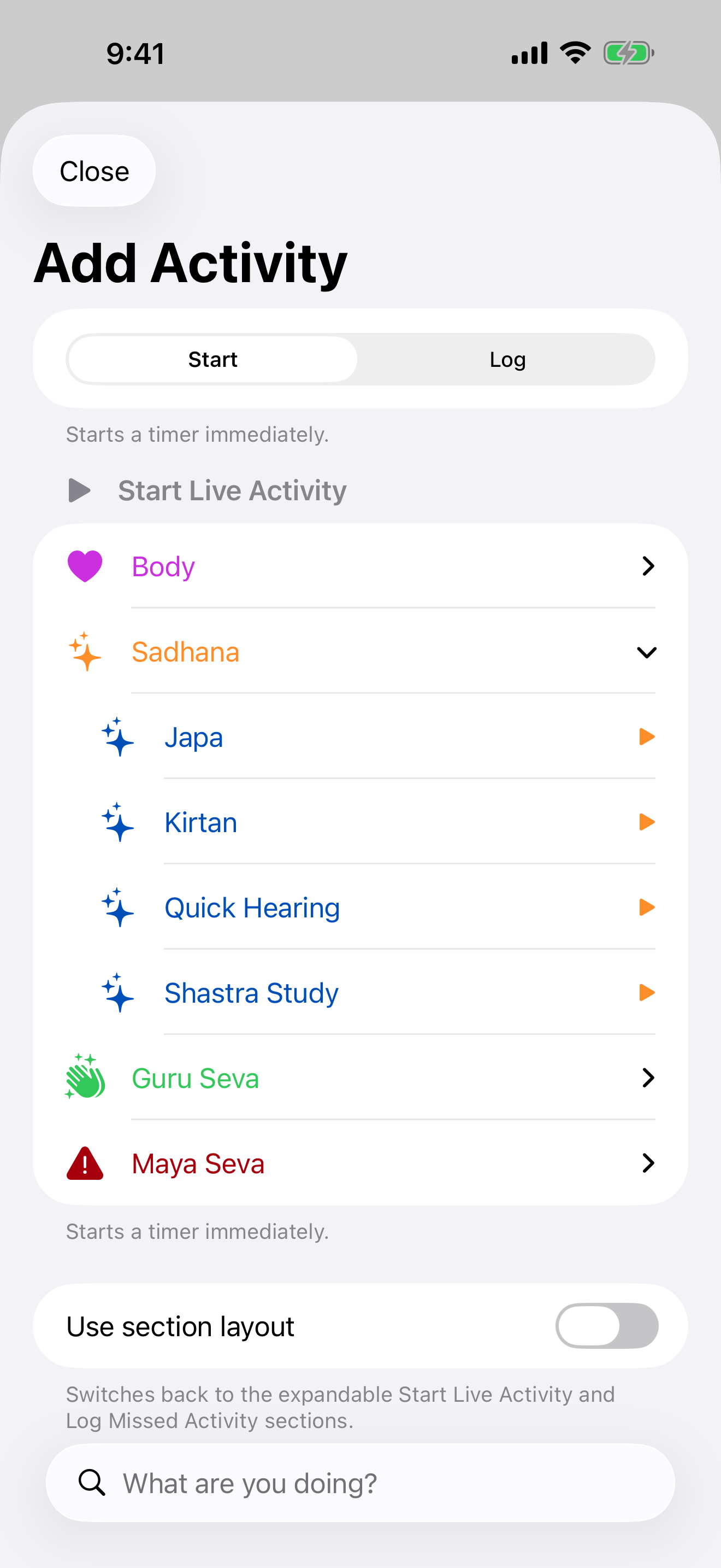 The + Activity form, on Start